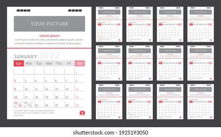 Calendar for 2022 White and red background