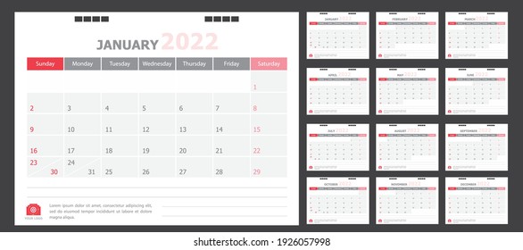 Calendar for 2022 White and red background