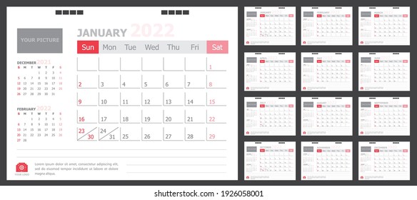 Calendar for 2022 White and red background