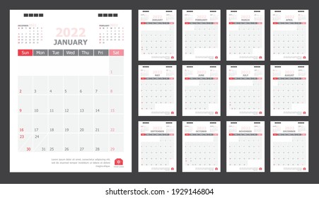 Calendar for 2022 White and red background