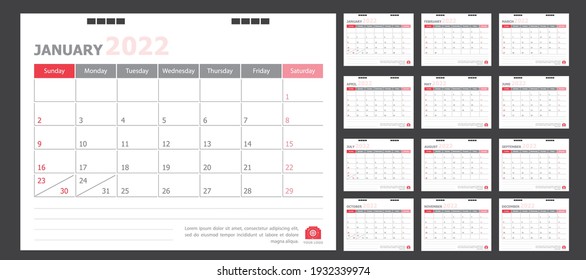 Calendar for 2022 White and red background