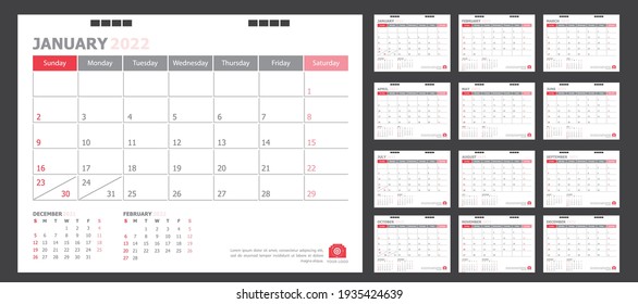 Calendar for 2022 White and red background