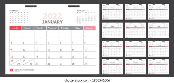 Calendar for 2022 White and red background