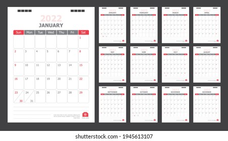 Calendar for 2022 White and red background