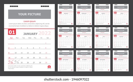Calendario para 2022 Fondo blanco y rojo