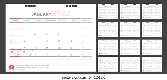 Calendario para 2022 Fondo blanco y rojo