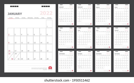 Calendario para 2022 Fondo blanco y rojo