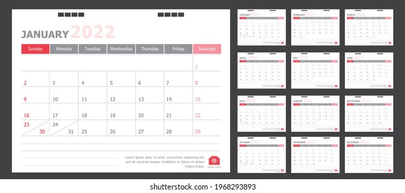 Calendar for 2022 White and red background