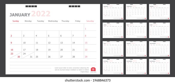 Calendar for 2022 White and red background