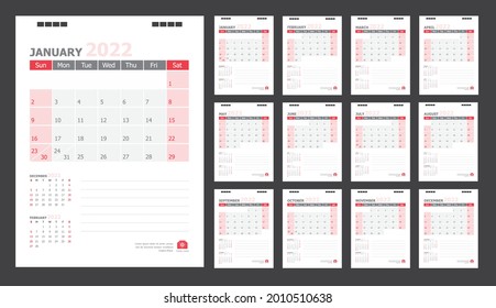 Calendar for 2022 White and red background