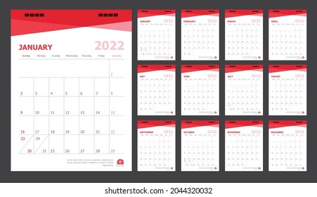 Calendar for 2022 White and red background