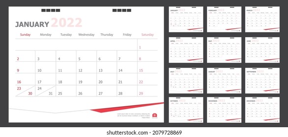 Calendar for 2022 White and red background