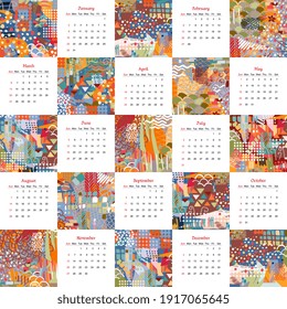 Calendar for 2022 year with abstract colorful patterns. Square design. Vector illustration.