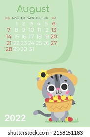 Calendar of 2022 year, August with cute gray kitty, cat in straw hat, with harvest of apples in a basket and grass on green background. Vector illustration for postcard, banner, web, design, arts.