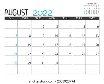 Calendar 2022 year. August 2022 planner. Desctop calendar design. Month planner. Grunge trendy background. Life or business planner. Place for notes. Printable template.