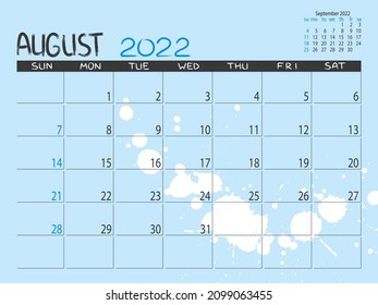 Calendar 2022 year. August 2022 planner. Desctop calendar design. Month planner. Grunge trendy background. Life or business planner. Place for notes. Printable template.