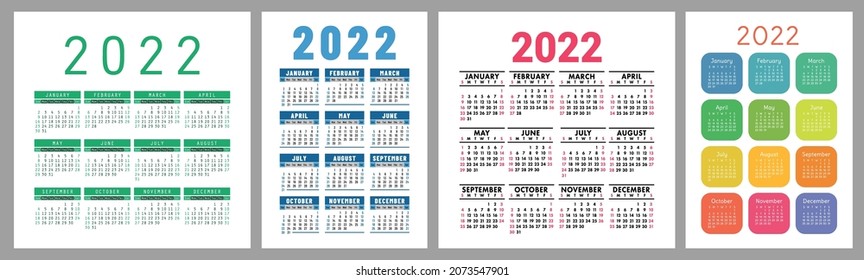 Calendar 2022 year bundle. Vector design template set. January, February, March, April, May, June, July, August, September, October, November, December