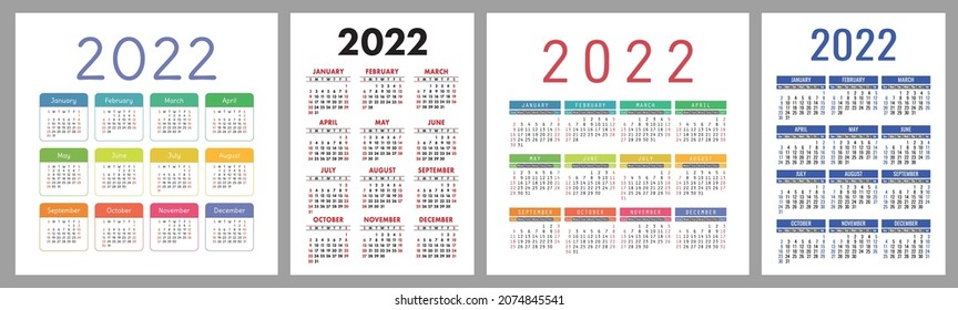 Calendar 2022 year bundle. Vector design template set. January, February, March, April, May, June, July, August, September, October, November, December