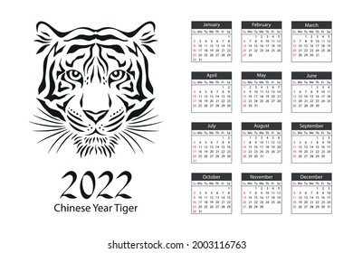 Calendar for 2022 year. Chinese year tiger. Week starts from sunday.