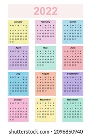 Calendar 2022 year. Colorful set simple and clean design. Week starts on Sunday. Pocket calendar