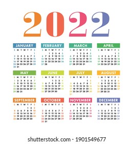 Calendar 2022 year. English colorful vector square wall or pocket calender template. Design. New year. Week starts on Sunday