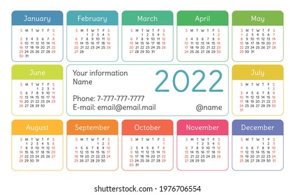 Calendar 2022 year. English colorful vector horizontal wall or pocket calender design template. New year. Week starts on Sunday