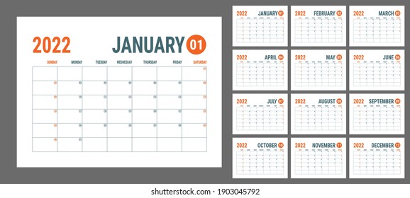 Calendar 2022 Year. English Planner Template. Vector Horizontal Grid. Landscape Orientation. Office Business Planning. Creative Design. Red And Grey Color