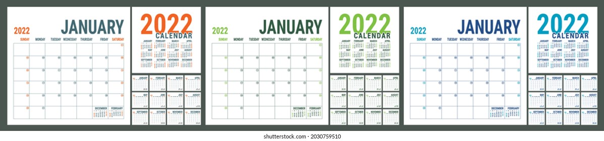 Calendar 2022 year. English planner template. Vector square grid. Office business planning. Creative design. Green color