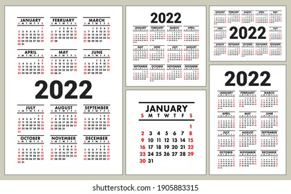 Calendar 2022 year. English vector set. Horizontal, vertical and square wall or pocket calender template. Design collection. New year. Week starts on Sunday