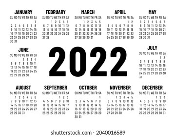 Calendar 2022 year. English vector simple landscape wall or pocket calender template. Week starts on Sunday