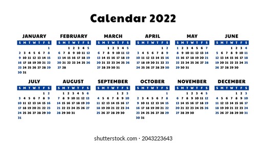 Calendar 2022 year. English vector calender template. Week starts on Sunday