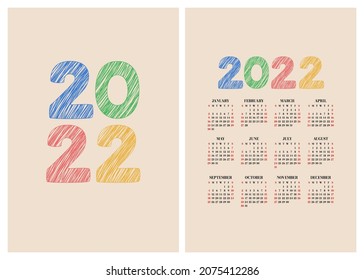Calendar 2022 year. English vector simple square wall or pocket calender template. Week starts on Sunday