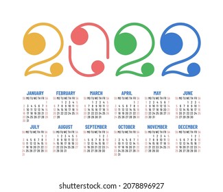 Calendar 2022 year. English vector calender template. Week starts on Sunday. Lettering.