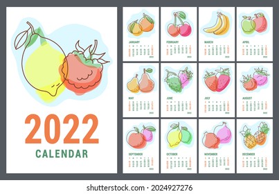Calendar 2022 year. Fruit sketch. Vector calender design template. Week starts on Sunday. Banana, pineapple, pomegranate and cherry. Strawberry, lemon, lime and mandarin. Apple and grapes