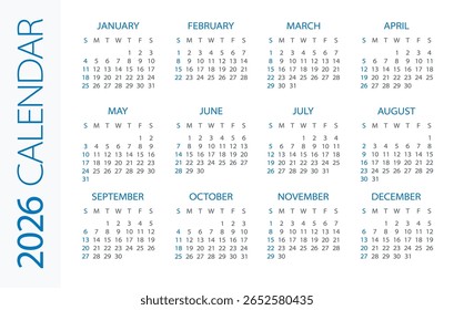 Calendar 2022 year Horizontal - vector illustration. Week starts on Sunday