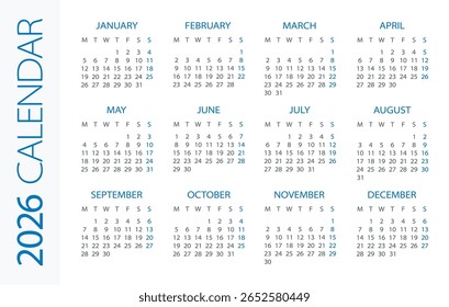 Calendar 2022 year Horizontal - vector illustration. Week starts on Monday