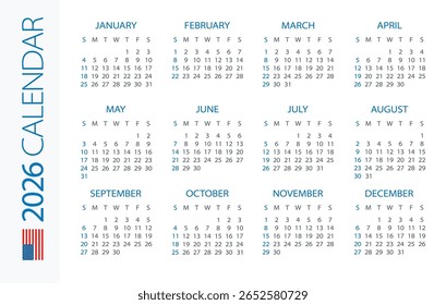 Calendário 2022 ano horizontal - ilustração vetorial. Versão americana. A semana começa no domingo