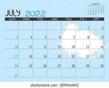 Calendario 2022 año. Planificador de julio de 2022. Diseño del calendario de la parte inferior. Planificador mensual. El fondo es muy moderno. Planificación de la vida o de negocios. Colocar notas. Plantilla imprimible.