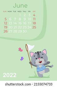 Calendar of 2022 year, June with cute gray kitty, cat in striped shirt with butterfly net and grass on green. Vector illustration for postcard, banner, web, design, arts.