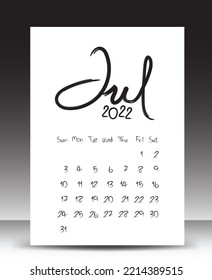 Calendar 2022 year, Lettering calendar, July 2022 template, Desk calendar 2022 template, Week starts Sunday, Stationery design, printing media, publication design, vector