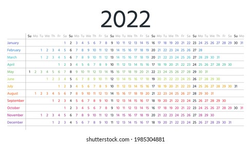 Calendar 2022 year. Linear planner template. Vector. Yearly horizontal calender. Week starts Sunday. Annual schedule grid with months. Landscape orientation, english. Simple design. Long illustration.