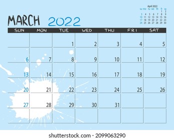 Calendario 2022 año. Planificador de marzo de 2022. Diseño del calendario de la parte inferior. Planificador mensual. El fondo es muy moderno. Planificación de la vida o de negocios. Colocar notas. Plantilla imprimible.