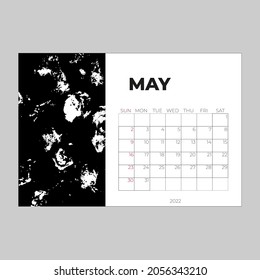 Calendar 2022 year. May 2022 planner. Desctop calendar design. Month planner. Life or business planner. Place for notes. Printable template. 
