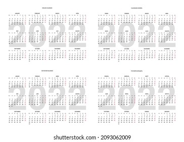 Calendar of 2022 year on english, spanish, russian, deutsch language, calender. Vector Illustration