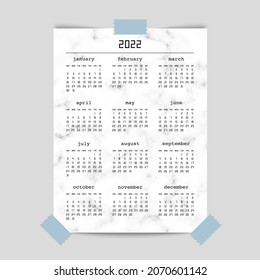 Calendar for 2022 year on poster mockup with marble pattern. Week starts from Sunday. Vector illustration.