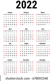 Calendar for 2022 Year on White Background. Week Starts Sunday. Simple Vector Template. Stationery Design Template