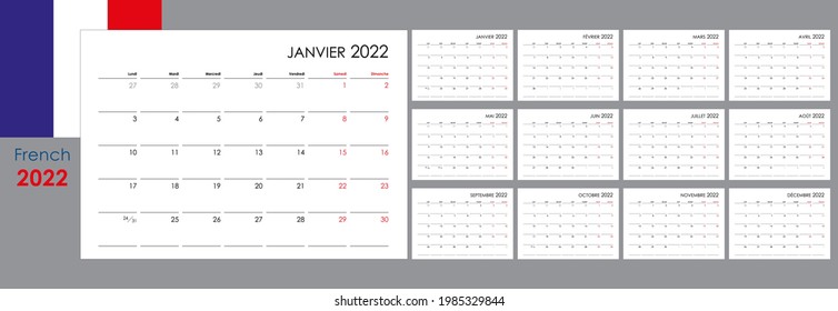 Calendar for 2022 year. An organizer and planner for every day. Week starts from Monday. 12 boards, months set. Wall layout. Clear template. French language.
