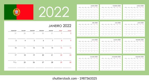 Calendario para 2022 año. Un organizador y planificador para todos los días. La semana comienza el lunes. 12 tablas, meses. Diseño de pared. Limpiar plantilla. Idioma portugués.