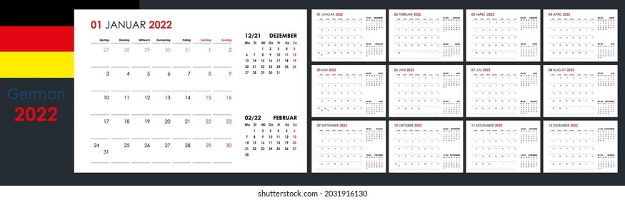 Calendar for 2022 year. An organizer and planner for every day. Week starts from Monday. 12 boards, months set. Wall layout. Clear template. German language.