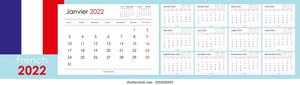 Calendar for 2022 year. An organizer and planner for every day. Week starts from Monday. 12 boards, months set. Wall layout. Clear template. French language.